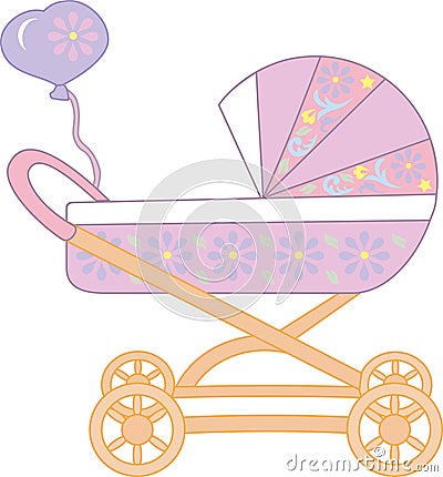 Baby pink stroller, vector drawing of a vehicle for a child, illustration of a stroller with flowers, green leaves, baby toy, stro Vector Illustration